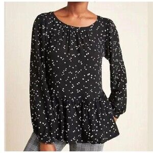 Anthropologie Maeve Cheyenne XS Polka Dot Long Sleeve Peplum Top Black Boho